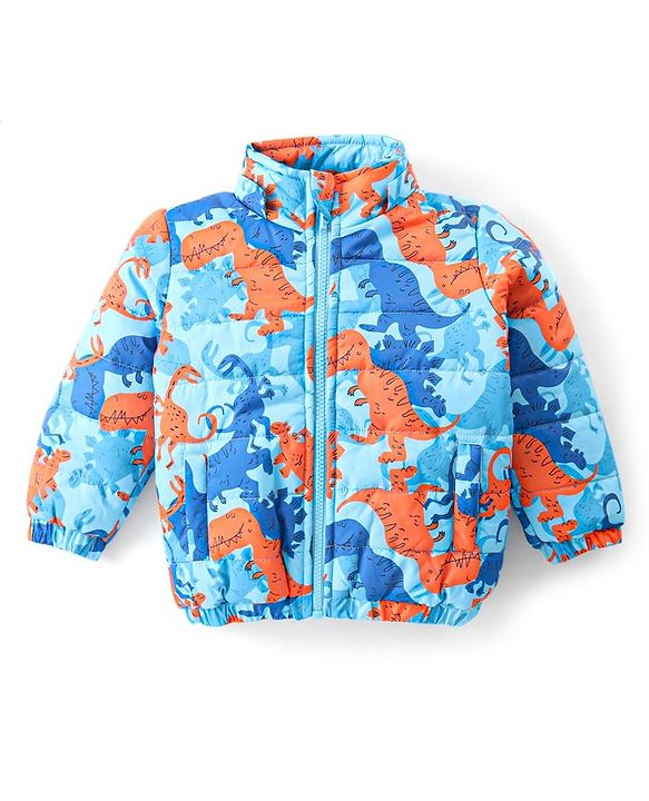 Babyhug Full Sleeves Hooded Jacket with Dino Print - Blue
