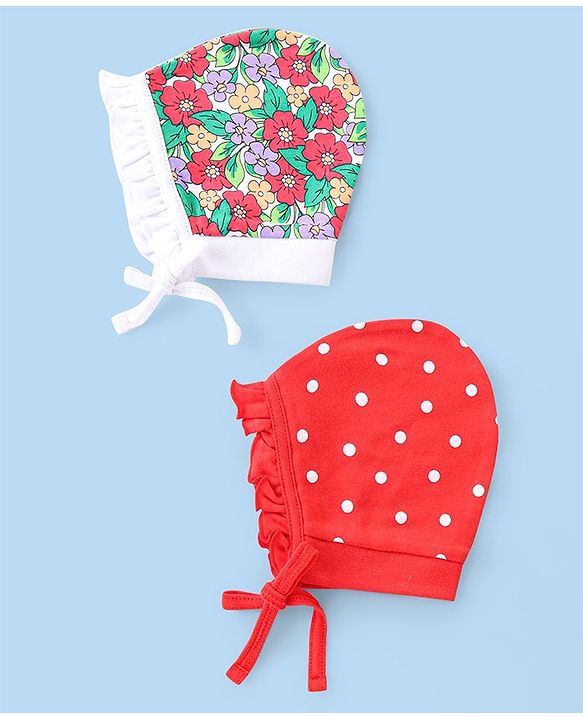 Babyhug 100% Cotton Knit Floral & Polka Dots Printed Caps with Knot Pack of 2 - Red & White