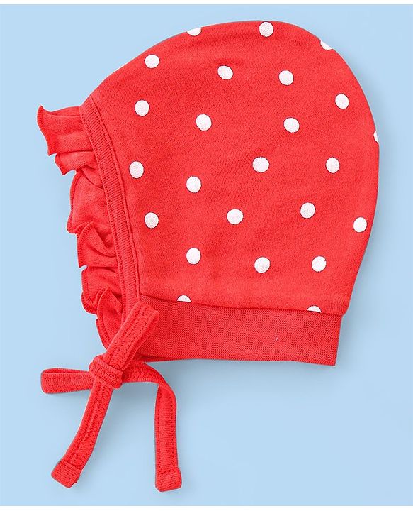 Babyhug 100% Cotton Knit Floral & Polka Dots Printed Caps with Knot Pack of 2 - Red & White