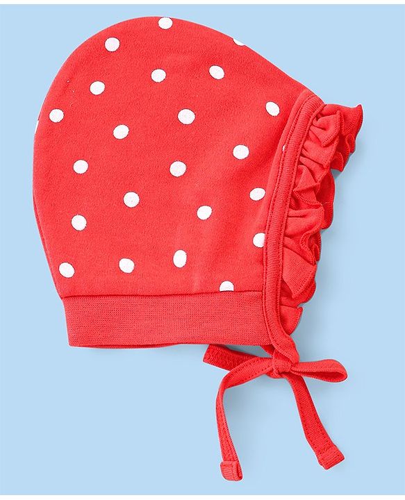 Babyhug 100% Cotton Knit Floral & Polka Dots Printed Caps with Knot Pack of 2 - Red & White
