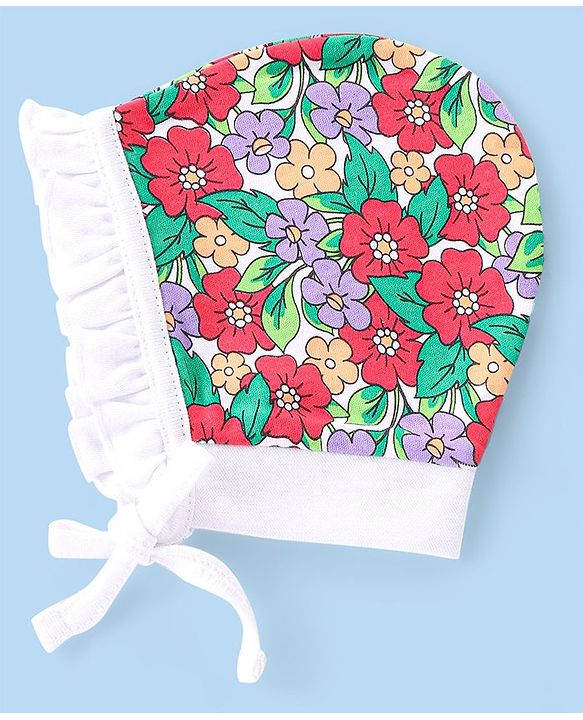 Babyhug 100% Cotton Knit Floral & Polka Dots Printed Caps with Knot Pack of 2 - Red & White