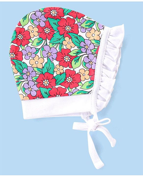 Babyhug 100% Cotton Knit Floral & Polka Dots Printed Caps with Knot Pack of 2 - Red & White
