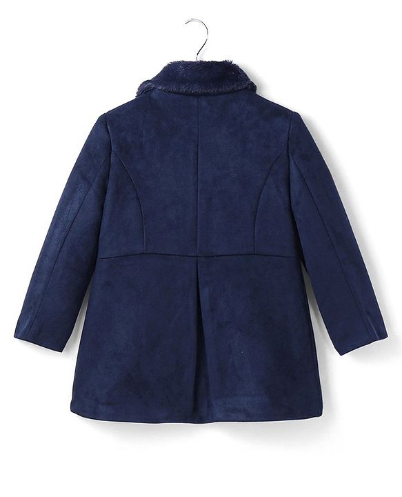 Babyhug Woven Full Sleeves Solid Colour Winter Overcoat With Bow Applique - Navy Blue