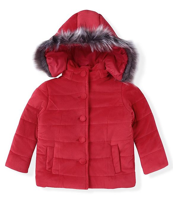 Babyhug Woven Full Sleeves Solid Padded Hooded Jacket - Red