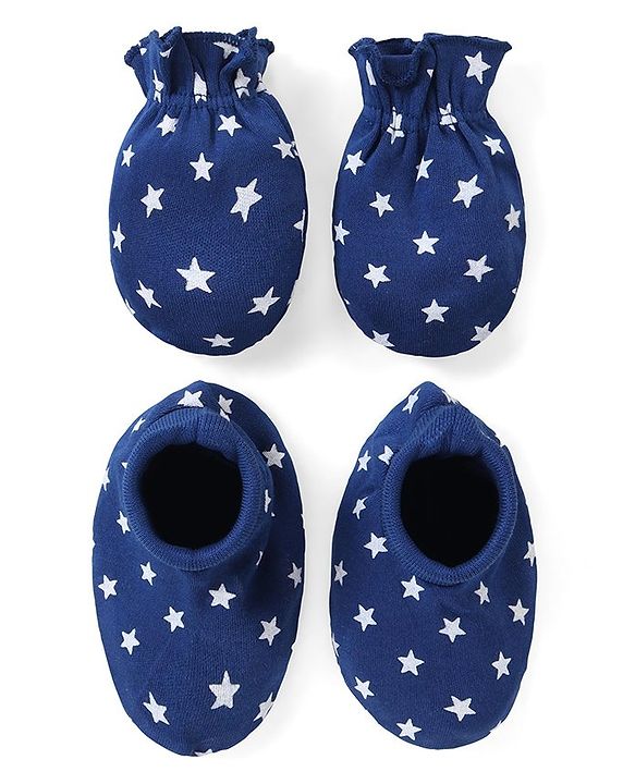 Babyhug 100% Cotton Mittens & Booties Set Star Print - Navy Blue
