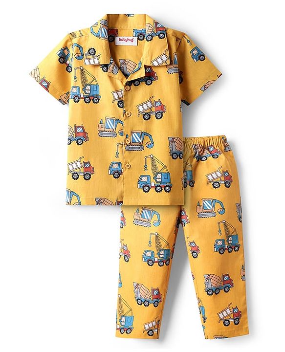Babyhug Cotton Knit Half Sleeves Collar Neck Night Suit with Teddy Print - Yellow