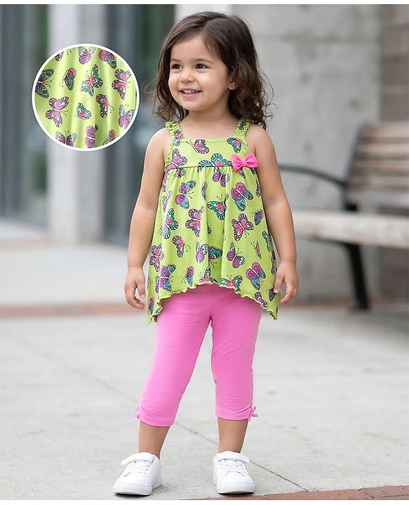 Babyhug Cotton Knit Sleeveless Kaftan Style Top & Capri Set With Butterfly Print - Pink & Lime