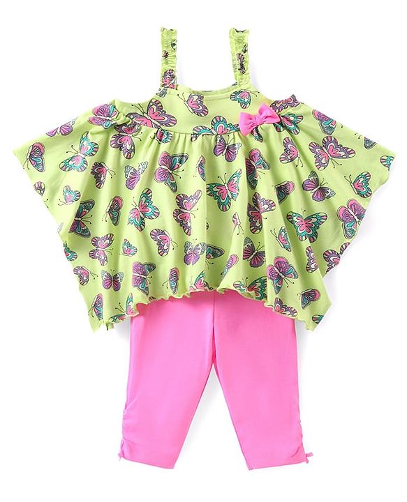 Babyhug Cotton Knit Sleeveless Kaftan Style Top & Capri Set With Butterfly Print - Pink & Lime