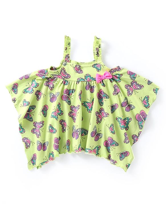 Babyhug Cotton Knit Sleeveless Kaftan Style Top & Capri Set With Butterfly Print - Pink & Lime
