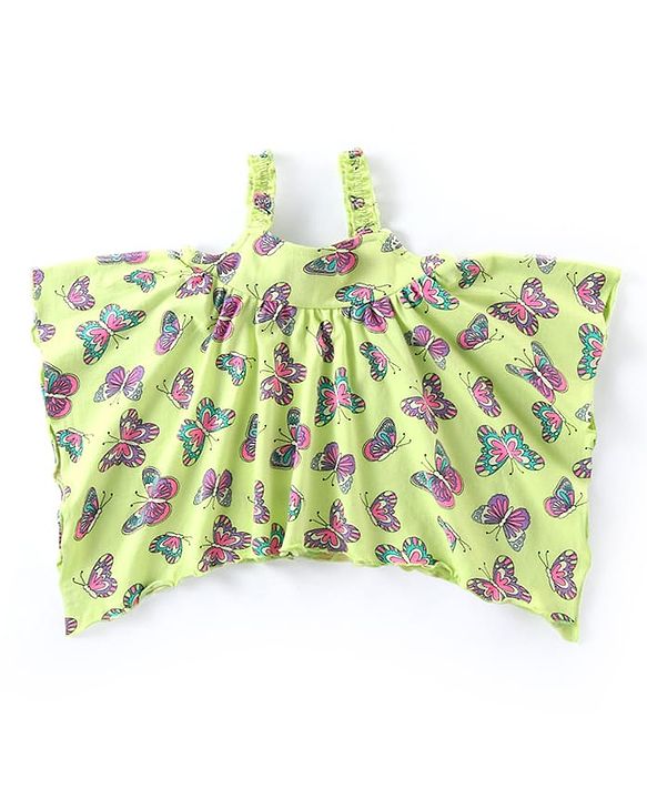 Babyhug Cotton Knit Sleeveless Kaftan Style Top & Capri Set With Butterfly Print - Pink & Lime