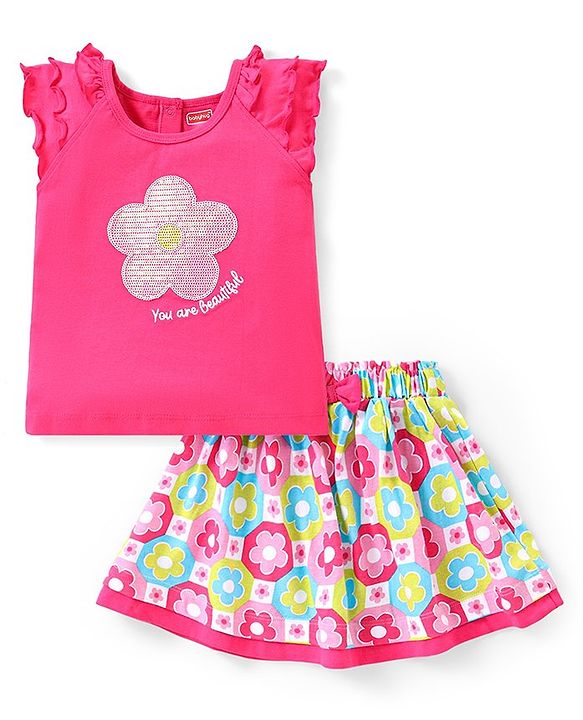Babyhug Single Jersey Half Frilled Sleeves Top with Sequins & Skirt Set Floral Print - Pink