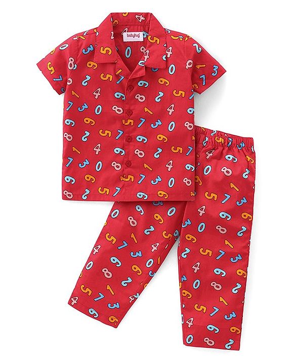 Babyhug Cotton Woven Half Sleeves Collar Neck Night Suit with Numeric Print - Red