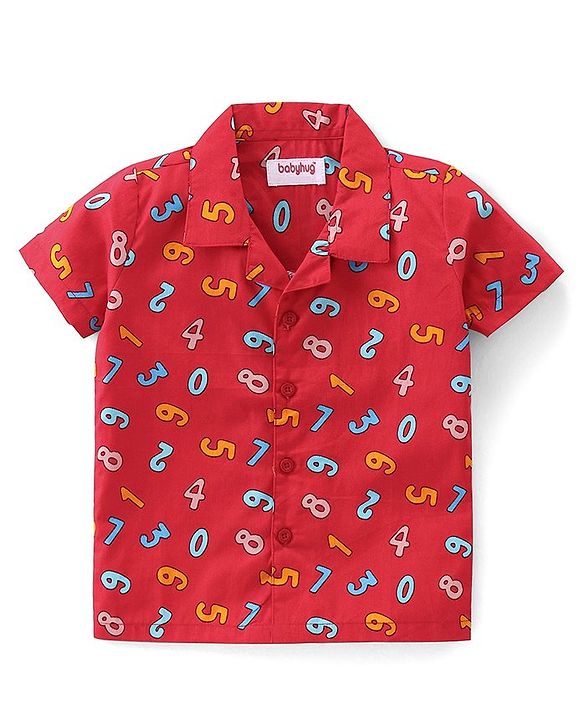 Babyhug Cotton Woven Half Sleeves Collar Neck Night Suit with Numeric Print - Red