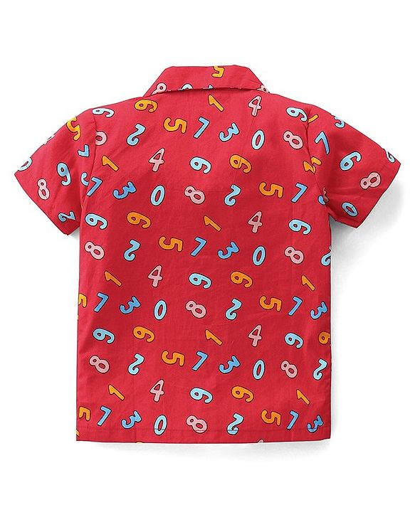 Babyhug Cotton Woven Half Sleeves Collar Neck Night Suit with Numeric Print - Red