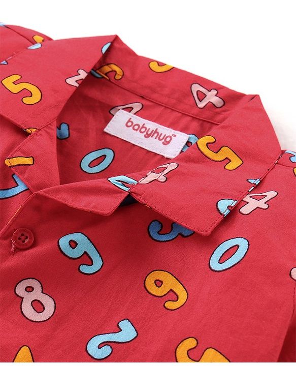 Babyhug Cotton Woven Half Sleeves Collar Neck Night Suit with Numeric Print - Red