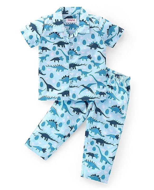 Babyhug Cotton Woven Half Sleeves Collar Neck Night Suit with Dino Print - Blue