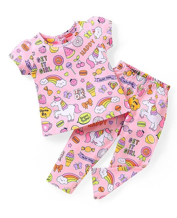 Babyhug Single  Jersey Knit Half Sleeves Night Suit with Ice Cream & Unicorn Print - Pink
