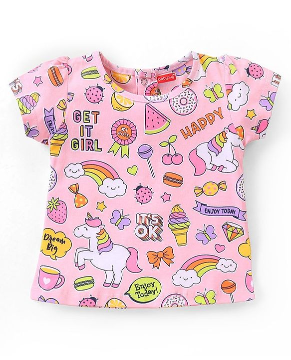 Babyhug Single  Jersey Knit Half Sleeves Night Suit with Ice Cream & Unicorn Print - Pink