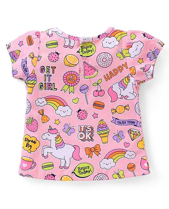 Babyhug Single  Jersey Knit Half Sleeves Night Suit with Ice Cream & Unicorn Print - Pink