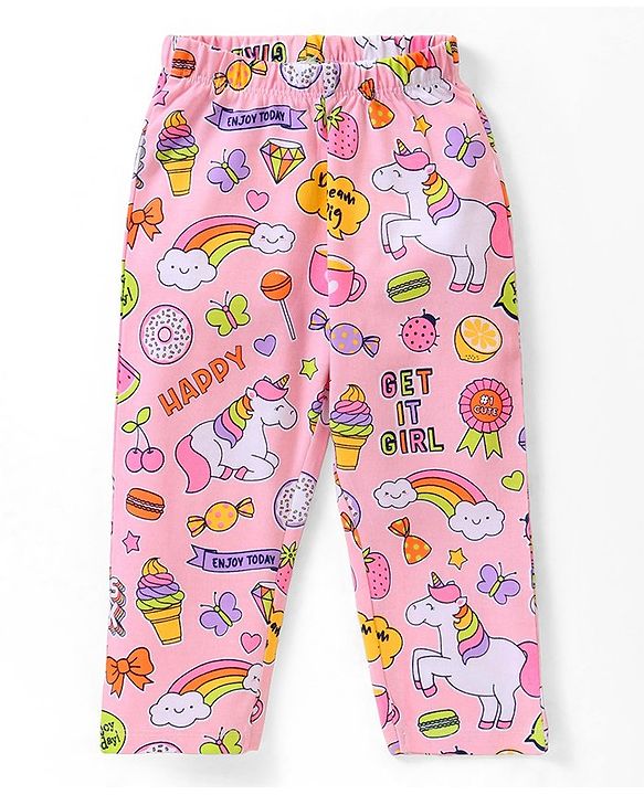 Babyhug Single  Jersey Knit Half Sleeves Night Suit with Ice Cream & Unicorn Print - Pink