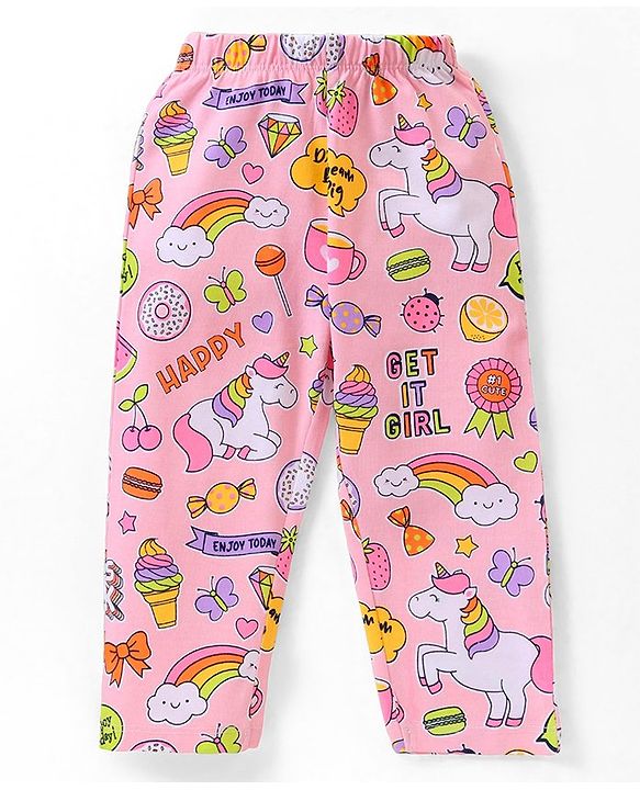 Babyhug Single  Jersey Knit Half Sleeves Night Suit with Ice Cream & Unicorn Print - Pink