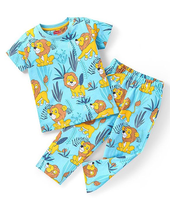 Babyhug Single Jersey Knit  Half Sleeves Night Suit with Lion Print - Blue