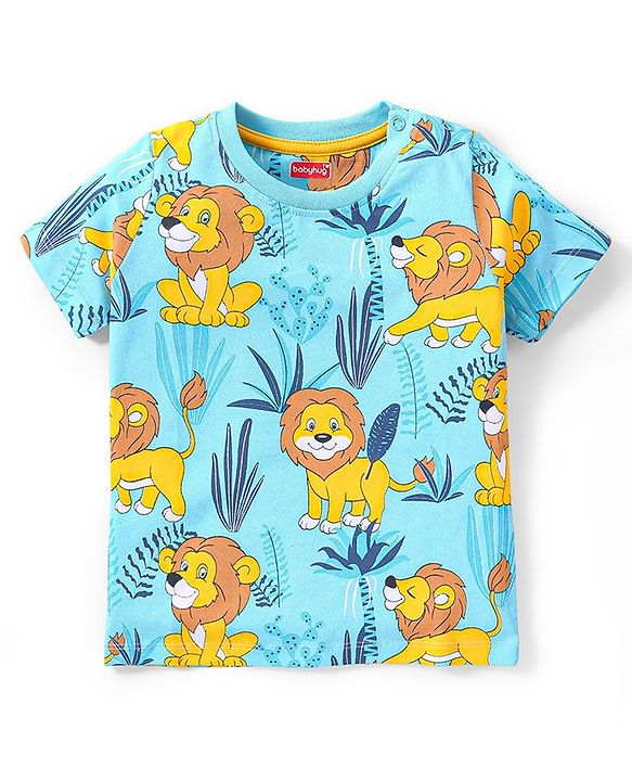Babyhug Single Jersey Knit  Half Sleeves Night Suit with Lion Print - Blue