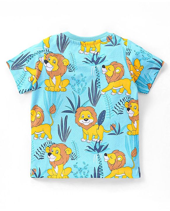 Babyhug Single Jersey Knit  Half Sleeves Night Suit with Lion Print - Blue