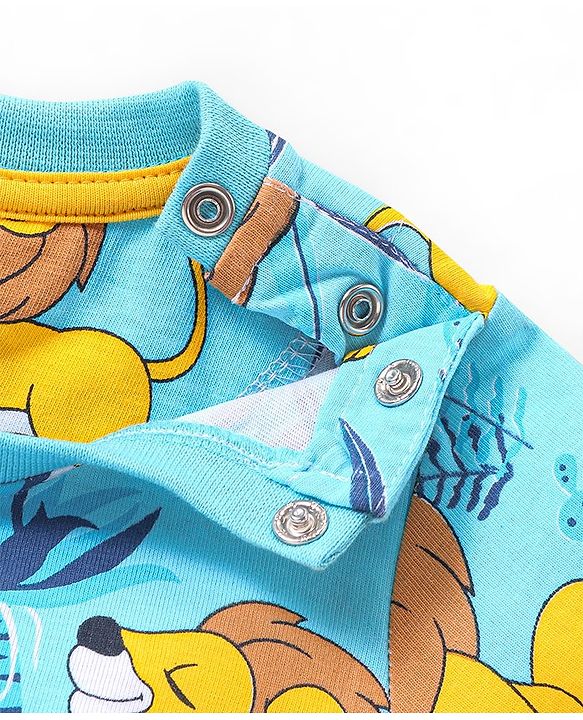 Babyhug Single Jersey Knit  Half Sleeves Night Suit with Lion Print - Blue