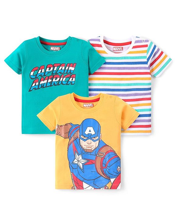 Babyhug Marvel Cotton Knit Half Sleeves T-Shirts  with Striped & Avengers Graphics Pack of 3 - Multicolour