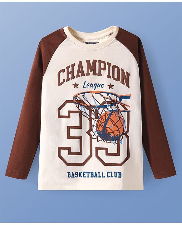 Pine Kids Cotton Knit Full Raglan Sleeves T-Shirt with Text Print - Off White & Brown