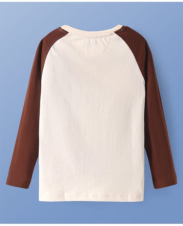 Pine Kids Cotton Knit Full Raglan Sleeves T-Shirt with Text Print - Off White & Brown