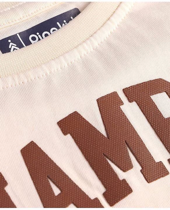 Pine Kids Cotton Knit Full Raglan Sleeves T-Shirt with Text Print - Off White & Brown