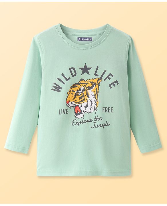 Pine Kids Cotton Knit Full Sleeves Tiger Printed T-Shirt - Sea Green