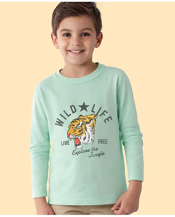 Pine Kids Cotton Knit Full Sleeves Tiger Printed T-Shirt - Sea Green