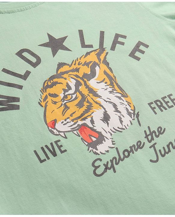 Pine Kids Cotton Knit Full Sleeves Tiger Printed T-Shirt - Sea Green