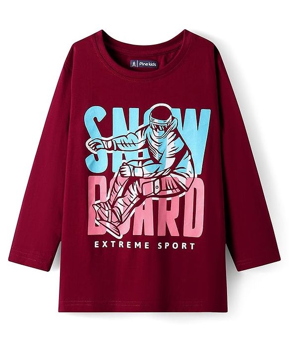 Pine Kids Cotton Knit Full Sleeves T-Shirt With Text Print - Maroon