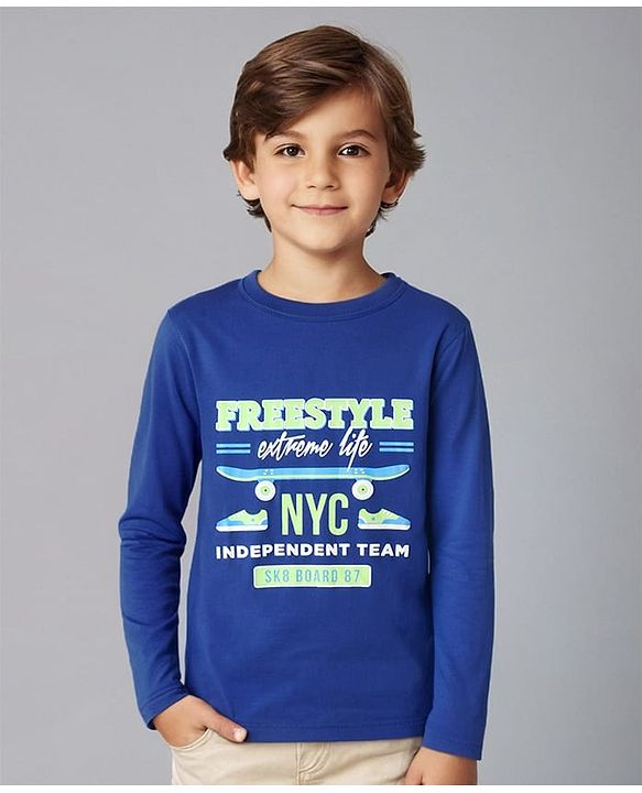 Pine Kids Cotton Knit Full Sleeves T-Shirt with Text Print - Blue