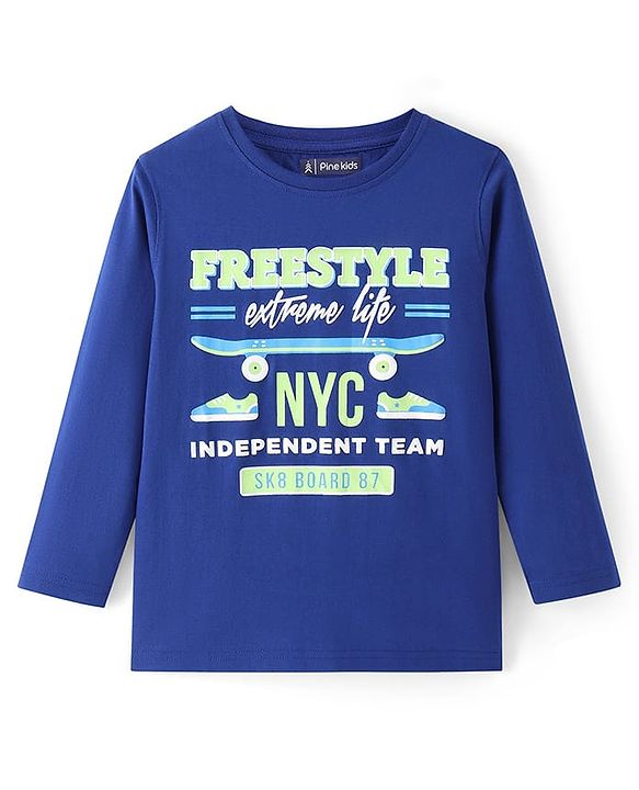 Pine Kids Cotton Knit Full Sleeves T-Shirt with Text Print - Blue