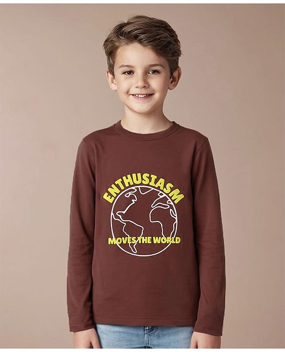 Pine Kids Cotton Knit Full Sleeves Text Printed T-Shirt - Brown