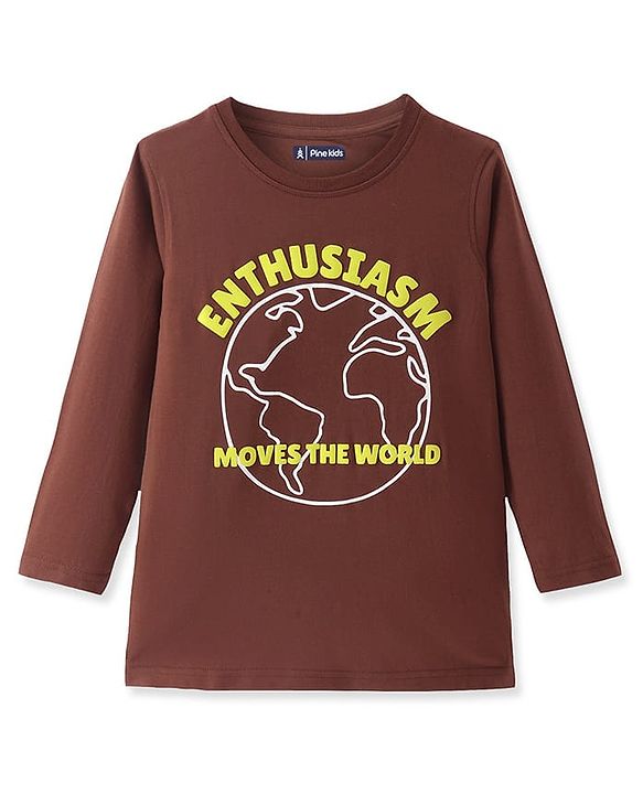 Pine Kids Cotton Knit Full Sleeves Text Printed T-Shirt - Brown