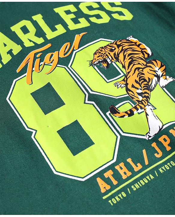 Pine Kids Cotton Knit Full Sleeves T-Shirt with Text & Tiger Print - Mint Green