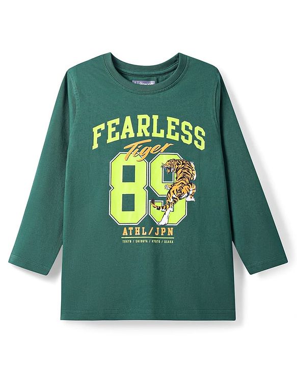 Pine Kids Cotton Knit Full Sleeves T-Shirt with Text & Tiger Print - Mint Green