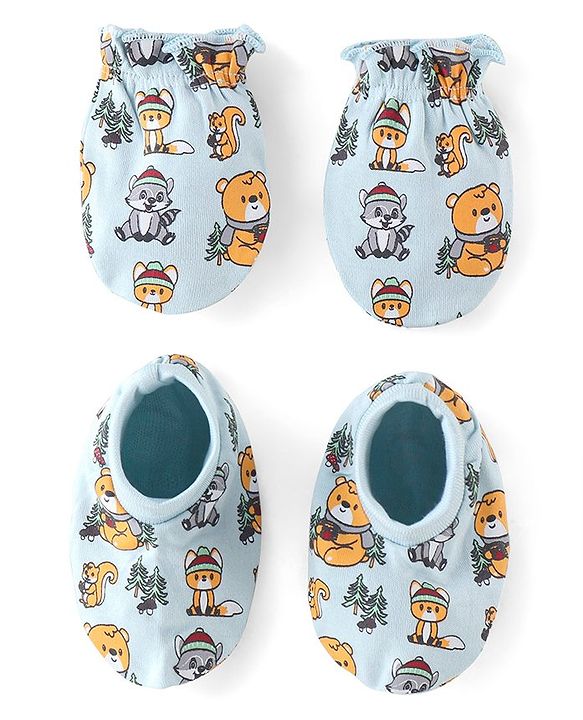 Babyhug 100% Cotton Mittens & Booties Set Animal Print - Blue