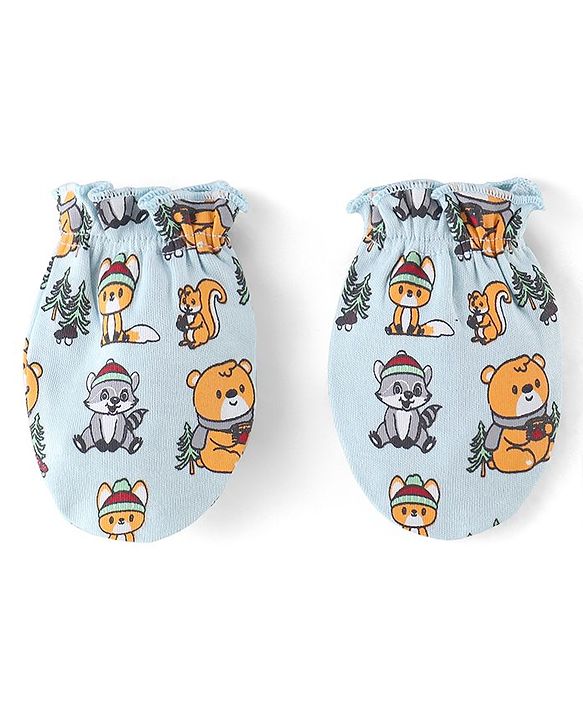 Babyhug 100% Cotton Mittens & Booties Set Animal Print - Blue