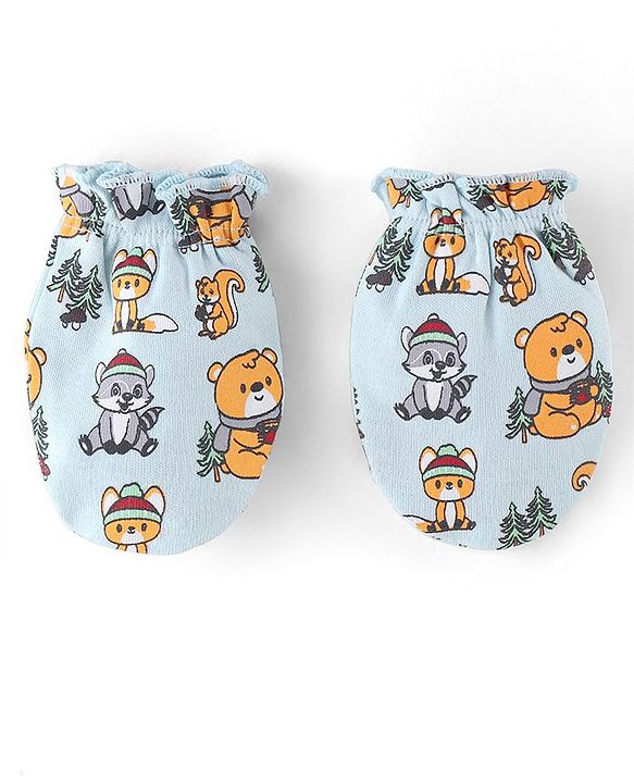 Babyhug 100% Cotton Mittens & Booties Set Animal Print - Blue