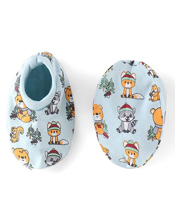 Babyhug 100% Cotton Mittens & Booties Set Animal Print - Blue