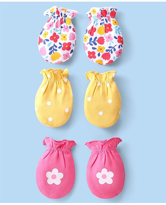 Babyhug 100% Cotton Knit Floral & Polka Dots Printed Mittens Pack of 3 - White Yellow & Pink
