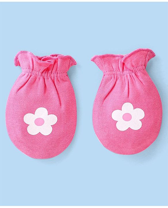 Babyhug 100% Cotton Knit Floral & Polka Dots Printed Mittens Pack of 3 - White Yellow & Pink