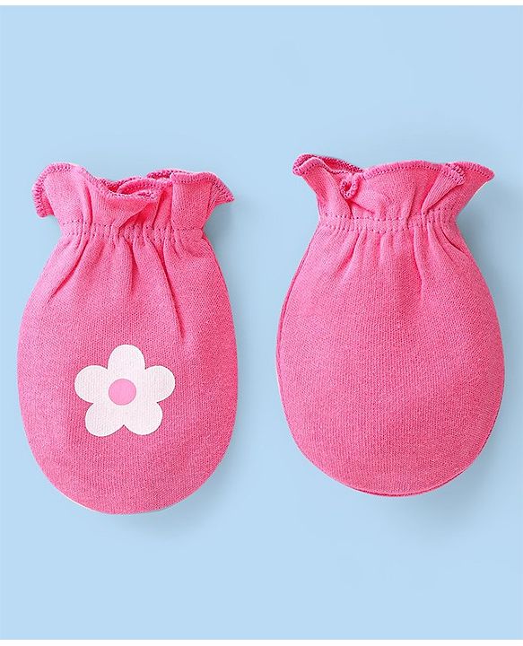 Babyhug 100% Cotton Knit Floral & Polka Dots Printed Mittens Pack of 3 - White Yellow & Pink